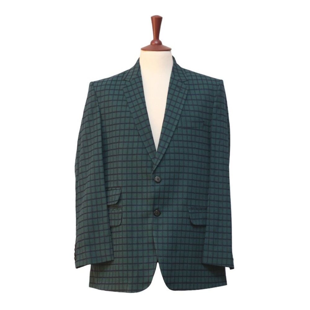 Mens Blazer Green Blue Check Wool 2 Button Suit Jacket Wedding Sport Coat 44R